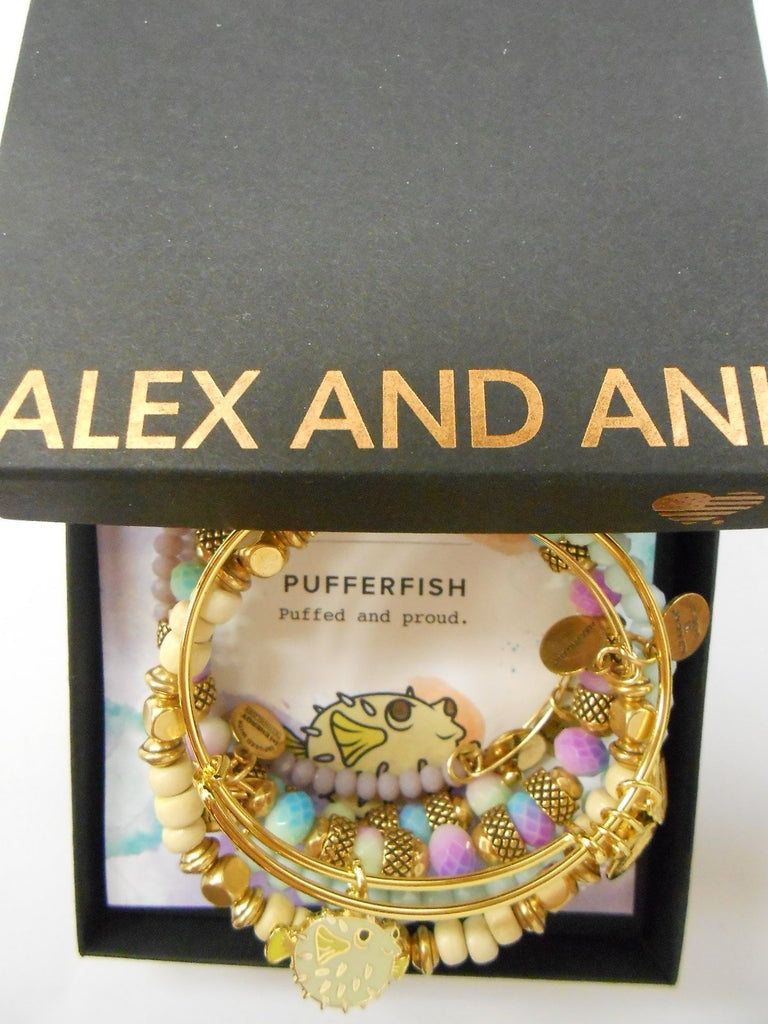 Alex and Ani Pufferfish Set of 5 Shiny Gold Bangle Bracelet