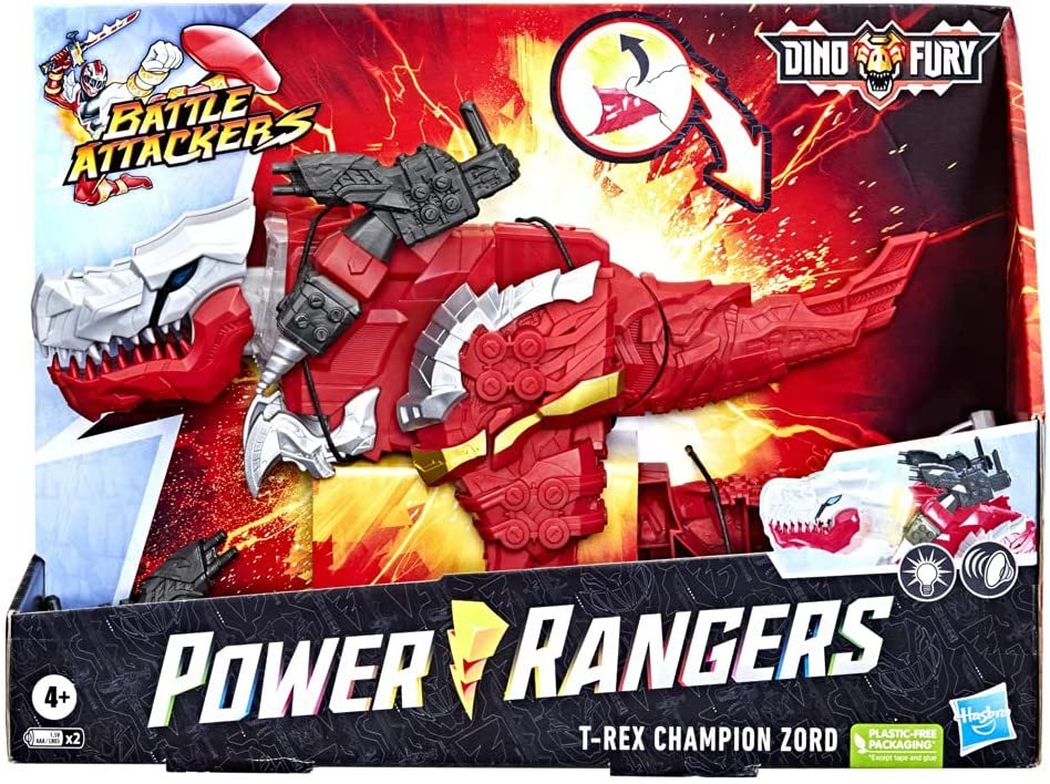 Power Rangers Battle Attackers Dino Fury T-Rex Champion Zord Electronic Action Figure Toy for Kids Ages 4 and Up with Lights and Sounds