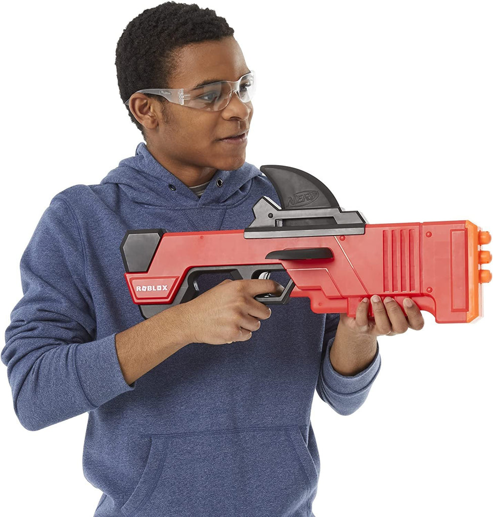 NERF Roblox MM2: Shark Seeker Dart Blaster, Shark-Fin Priming, 3 Mega Darts, Code to Unlock in-Game Virtual Item