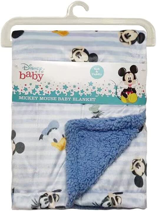 Disney Baby Mickey Mouse Fuzzy Double Sided Mink and Sherpa Baby Blanket, Ultra-Soft and Plush Mink Sherpa Newborn Throw for Infants, Measures 30x40, Blue, Multicolor- Best Buddies (GS71862)