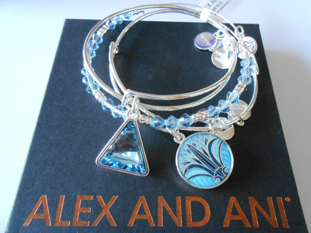 Alex and Ani Womens Blue Lotus Set of 3 Bangle Bracelet, Shiny Silver, Expandable
