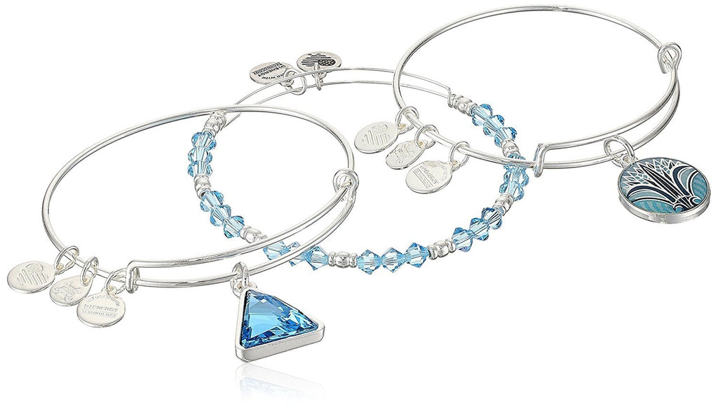 Alex and Ani Womens Blue Lotus Set of 3 Bangle Bracelet, Shiny Silver, Expandable