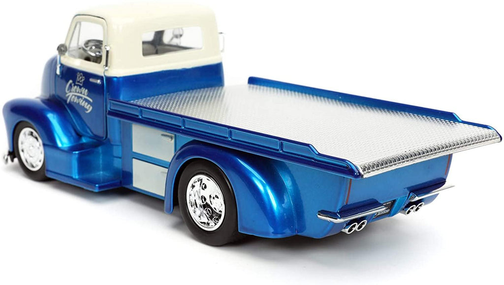 1952 Chevy COE Flatbed Tow Truck Crown Towing Candy Blue and Cream with Extra Wheels Just Trucks Series 1/24 Diecast Model Car by Jada 32708