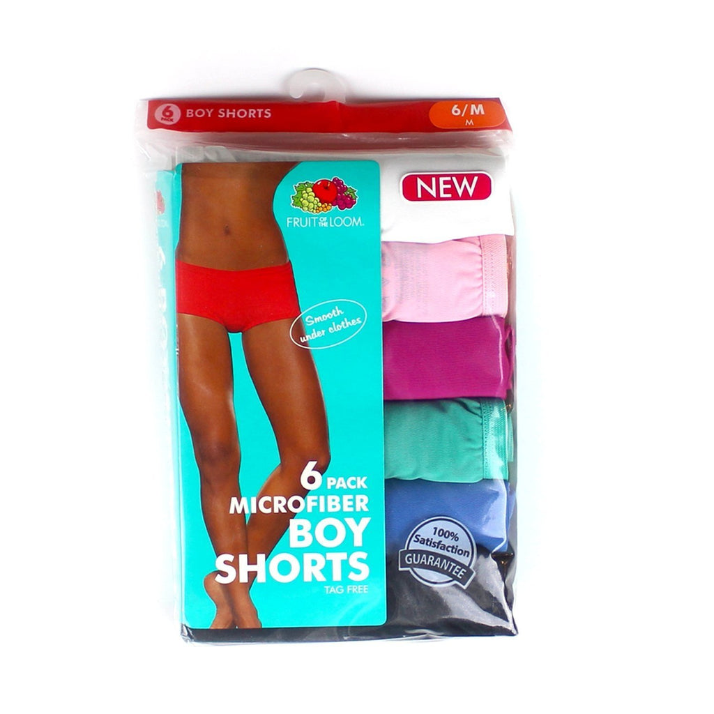 FRUIT OF THE LOOM WOMENS MICROFIBER BOY SHORTS PANTY 6-PK, ASSORTED (5-Small)