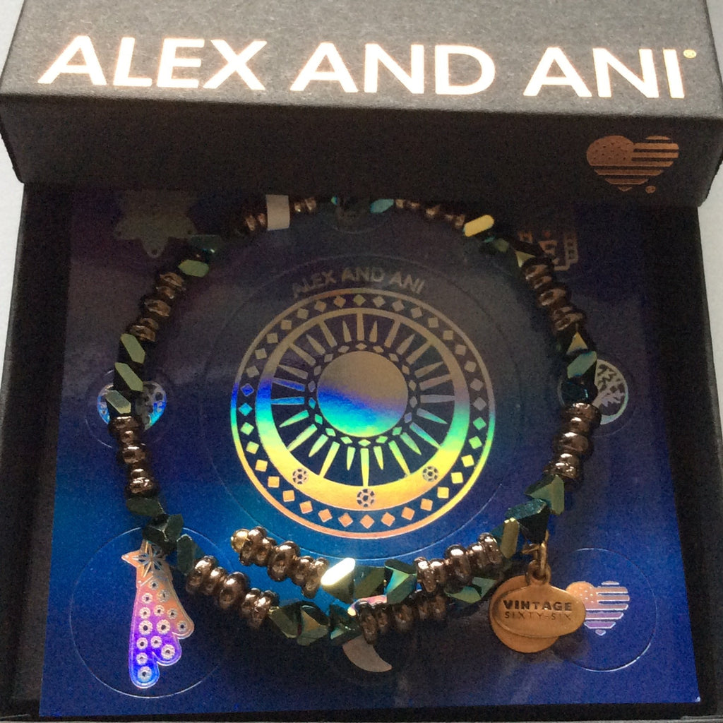 Alex and Ani Glimmer Wrap Bangle Bracelet Metallic Hazel Tag Box Card