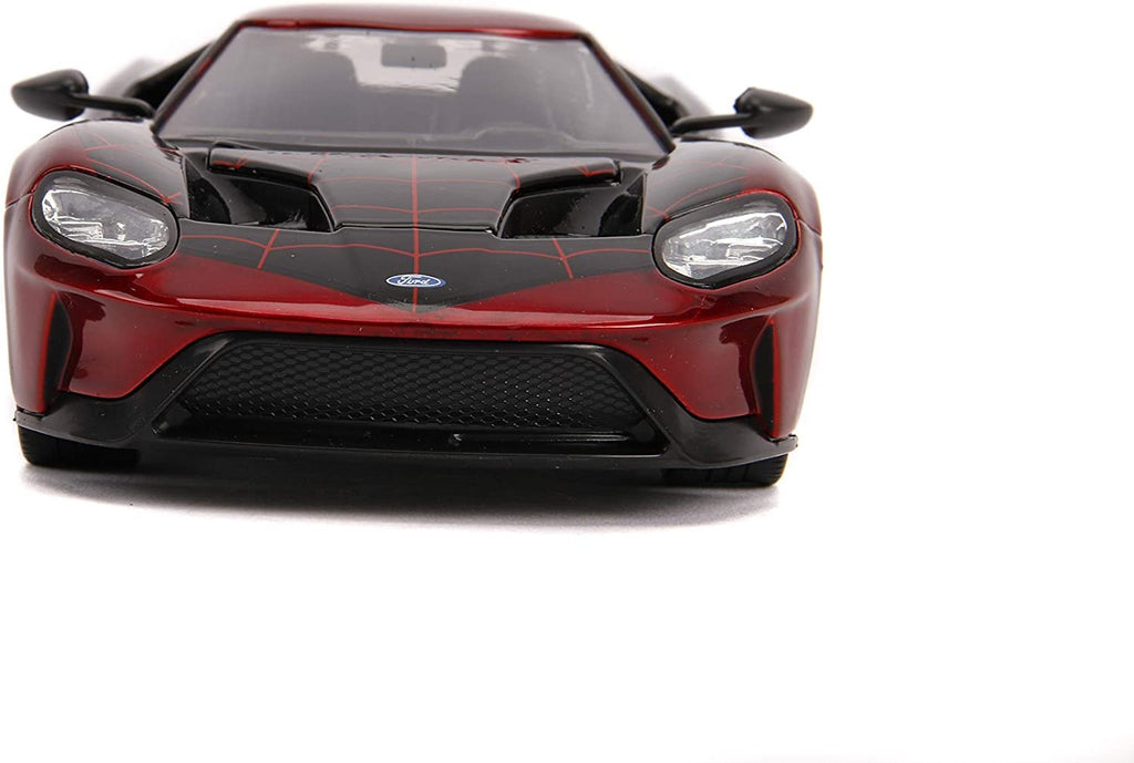 Jada Toys Marvel 1:24 2017 Ford GT Die-cast Car with 2.75" Miles Morales Spider-Man Figure, Toys for Kids and Adults Black and Red