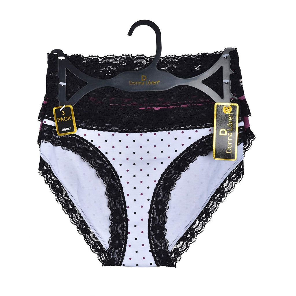 Donna L'oren Women's Bikini Panties Floral Lace Trim 3-Pack Sizes S-XL