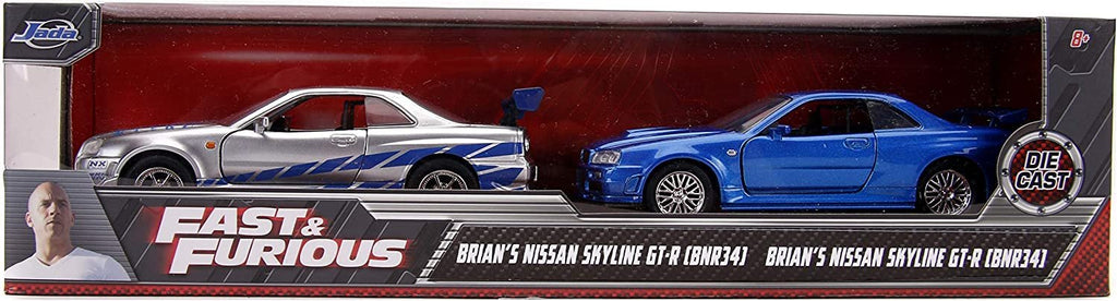 Fast & Furious Brian's Nissan Skyline GT-R R34 Silver & Nissan GT-R R34 Blue 1:32 Die - cast Car, Toys for Kids and Adults