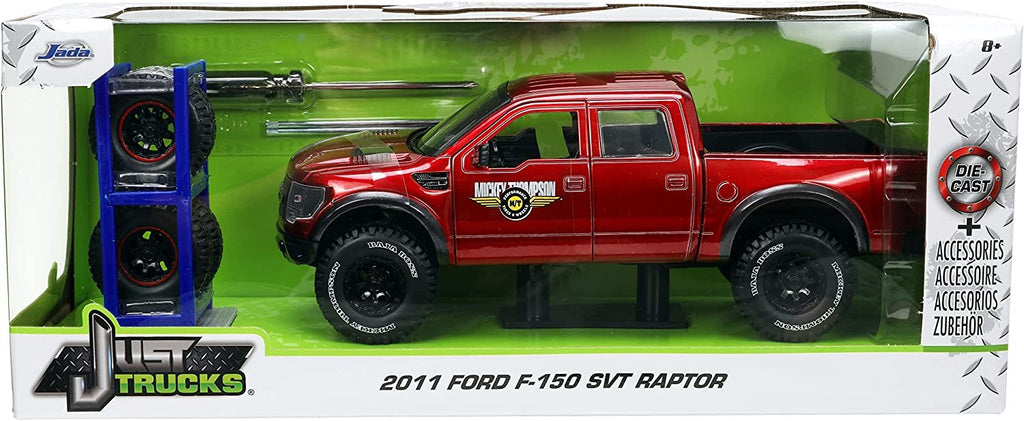 Jada Toys Just Trucks 1:24 2011 Ford SVT Raptor Die-cast Car Red with Tire Rack, Toys for Kids and Adults