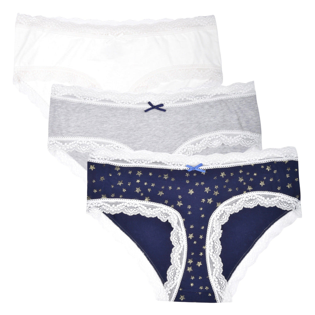 essie Women's Hipster Panties Lace Trim Rouched Back and Bow 3-Pack