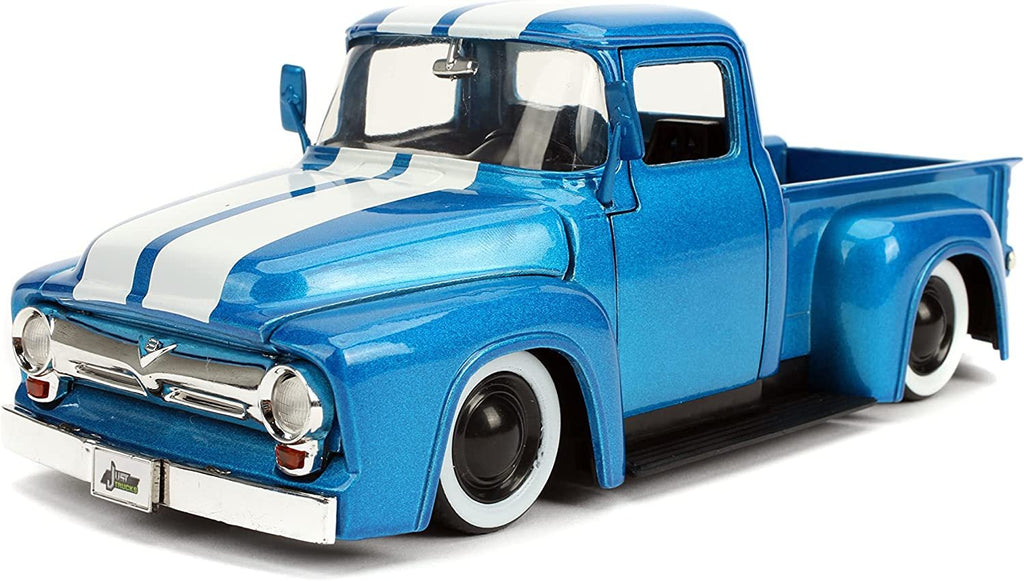 Just Trucks 1:24 1956 Ford F-100 Die-cast Car Blue/White Stripes with Tire Rack, Toys for Kids and Adults