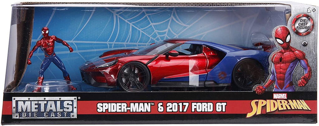 Jada Toys Marvel 1:24 2017 Ford GT Die-cast Car with 2.75" Spider-Man Figure, Toys for Kids and Adults, Red/Blue (99725)