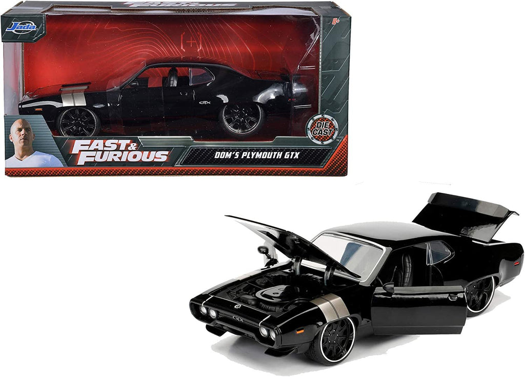 Jada Toys Fast & Furious 1:24 Dom's Plymouth GTX Die-cast Car, Toys for Kids and Adults, Black, Standard
