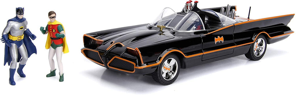 Jada 98625 DC Comics Classic TV Series Batmobile Die-cast Car, 1:18 Scale Vehicle & 3" Batman & Robin Collectible Figurine 100% Metal, Black