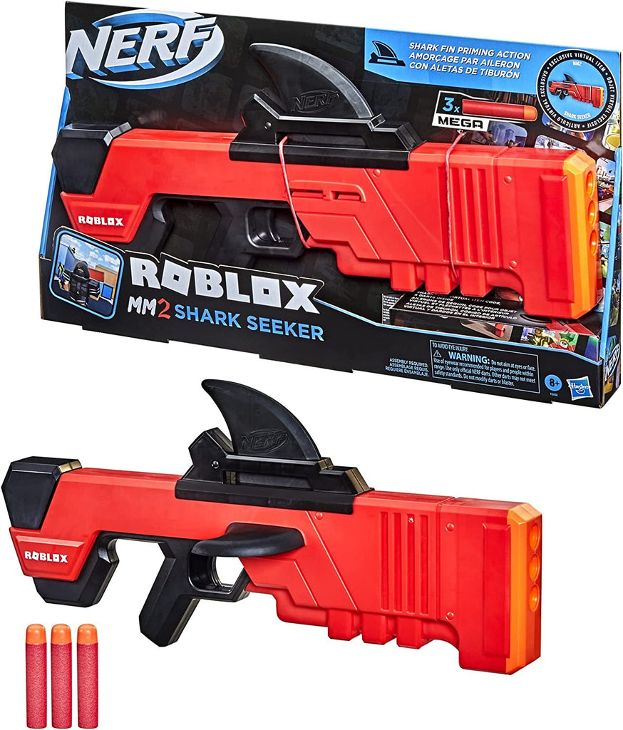 NERF Roblox MM2: Shark Seeker Dart Blaster, Shark-Fin Priming, 3 Mega Darts, Code to Unlock in-Game Virtual Item