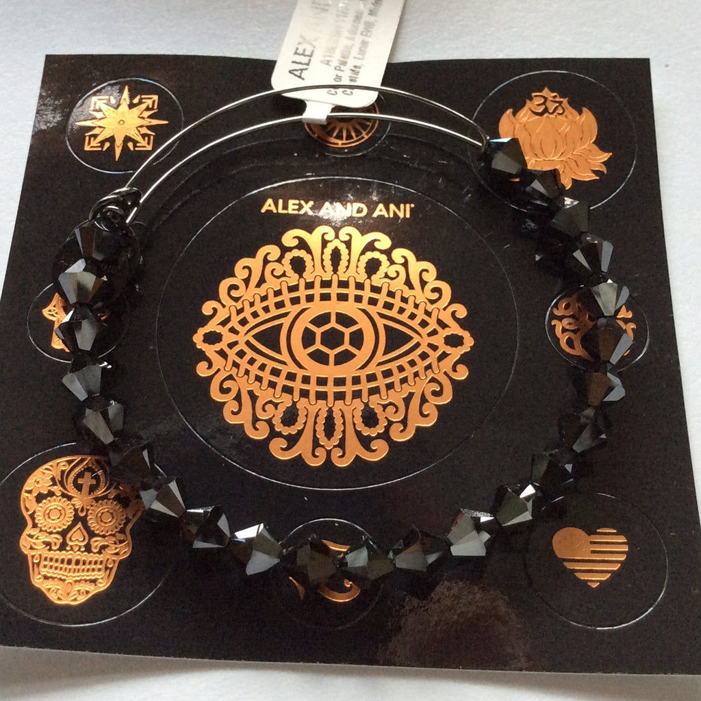 Alex and Ani Lunar Bangle Bracelet Midnight Silver Tag Box Card