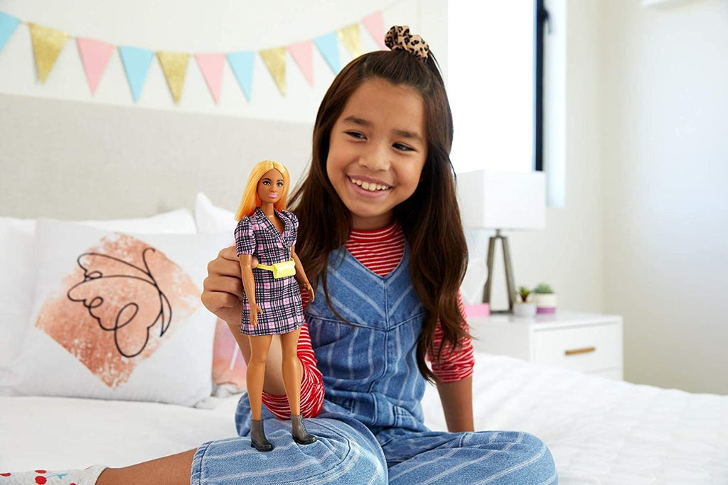 Barbie Fashionistas Doll #161 with Puff Sleeve Plaid Blazer Dress, Toy for Kids 3 to 8 Years Old