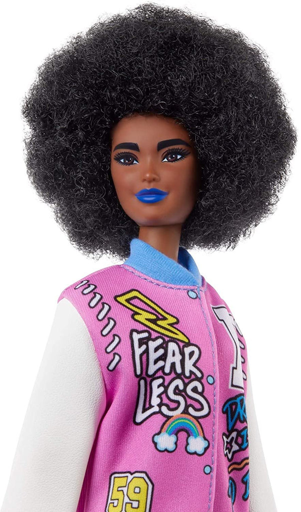 Barbie Fashionistas Doll #156 with Curly Brunette Hair and Letterman Jacket, Toy for Kids 3 to 8 Years Old