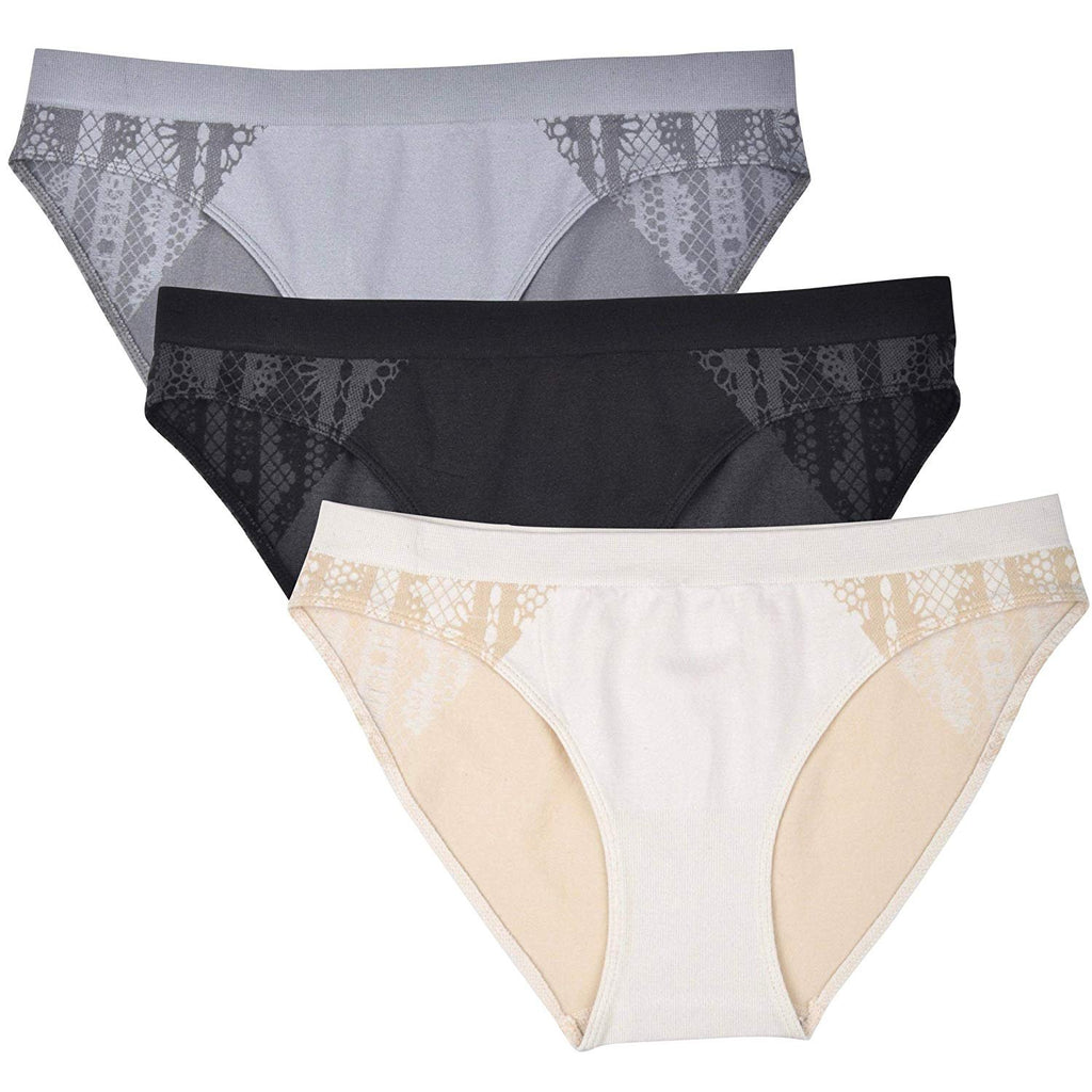 Elle Women's Seamless Bikini Panties Jacquard 3-Pack Polyester/Nylon/Spandex