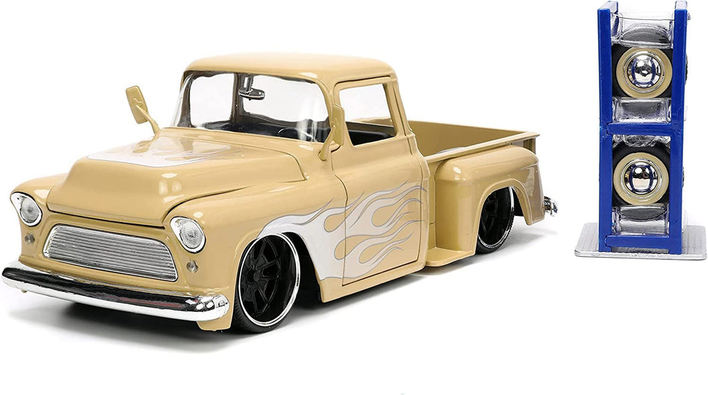 Jada Toys Just Trucks 1:24 1955 Chevy Stepside Pickup Die-cast Car Tan with Tire Rack, Toys for Kids and Adults (26144)