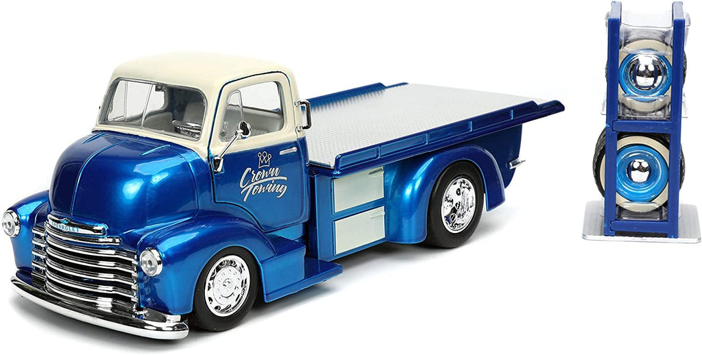 1952 Chevy COE Flatbed Tow Truck Crown Towing Candy Blue and Cream with Extra Wheels Just Trucks Series 1/24 Diecast Model Car by Jada 32708