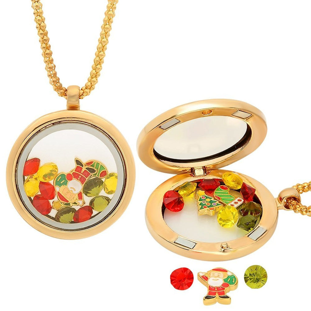 Steeltime Women's 622042PK 18kt Gold Plated Round Pendant Locket with Xmas and Multicolor Simulated Gemstones Charms
