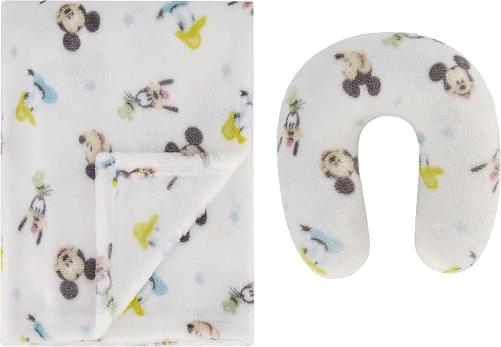 Disney Baby Mickey Mouse Blanket and Neck Roll Pillow Set- Great Headrest Pillow for Travel, Children