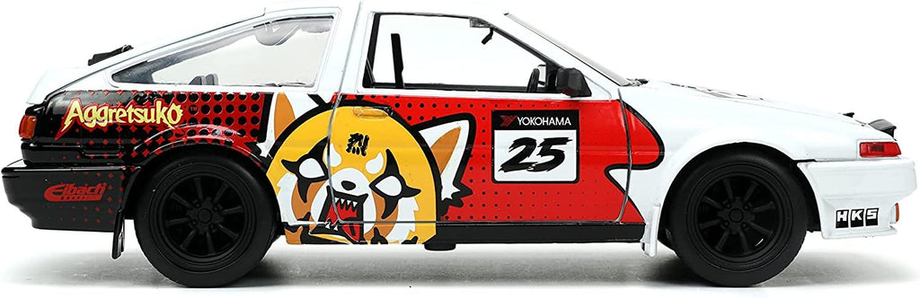 Jada Toys Sanrio 1:24 1986 Toyota Trueno (AE86) Die-cast Car & Aggretsuko️ Figure, Toys for Kids and Adults (33725)