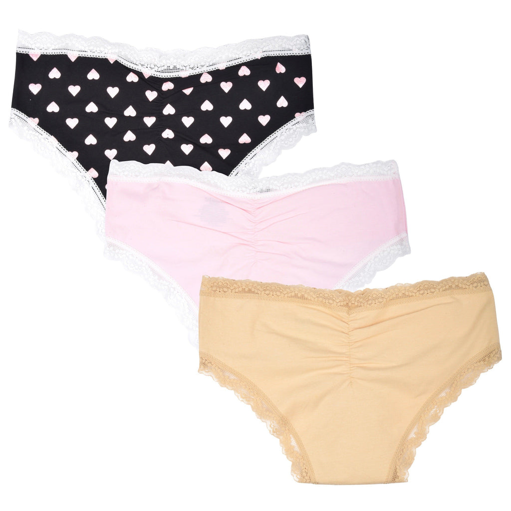 essie Women's Hipster Panties Lace Trim Rouched Back and Bow 3-Pack