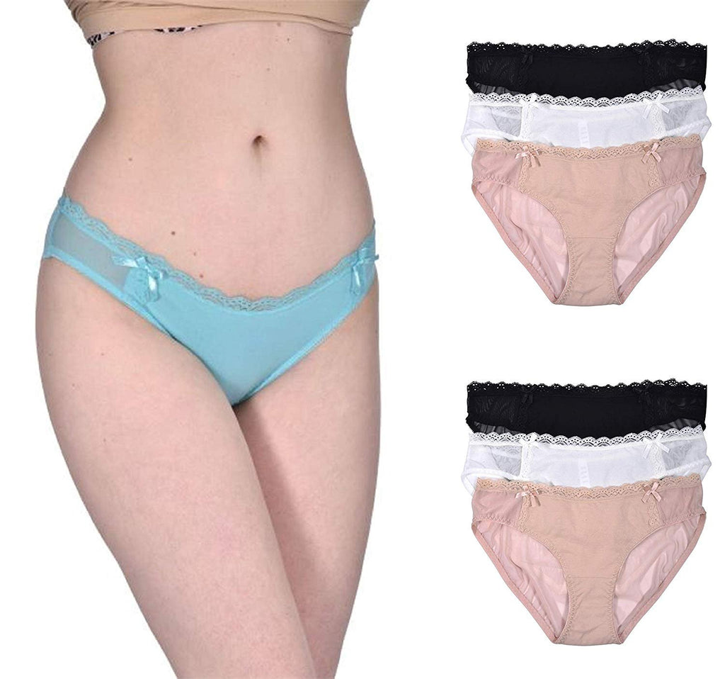 Elle Women's Bikinis Panties - 6-Pack Cotton/Spandex Bikini Lace Waistband Mesh Sides