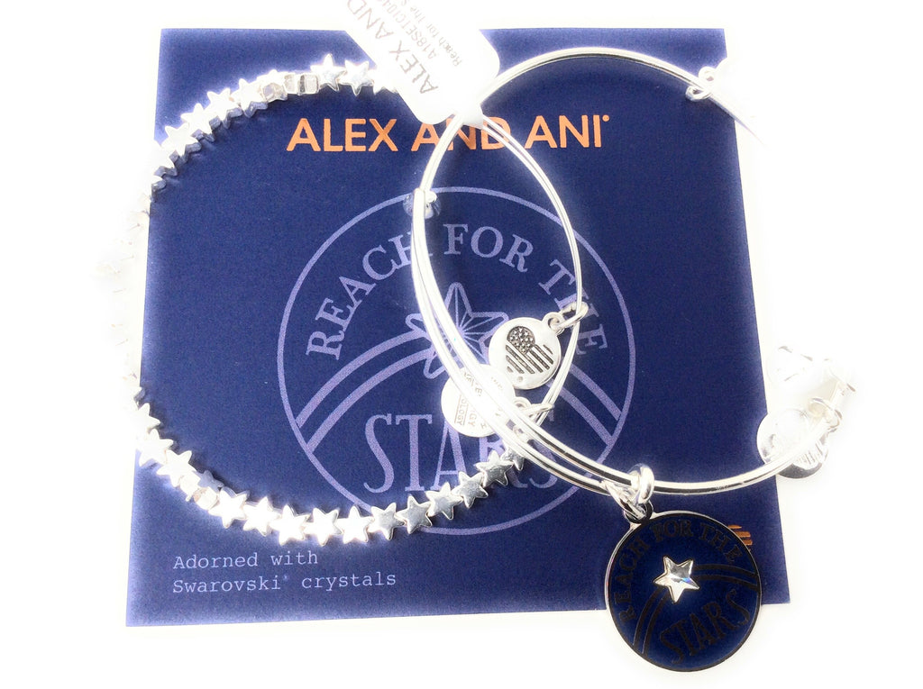 Alex and Ani Womens Reach for The Stars Set of 2 Bangle Bracelet, Shiny Silver, Expandable
