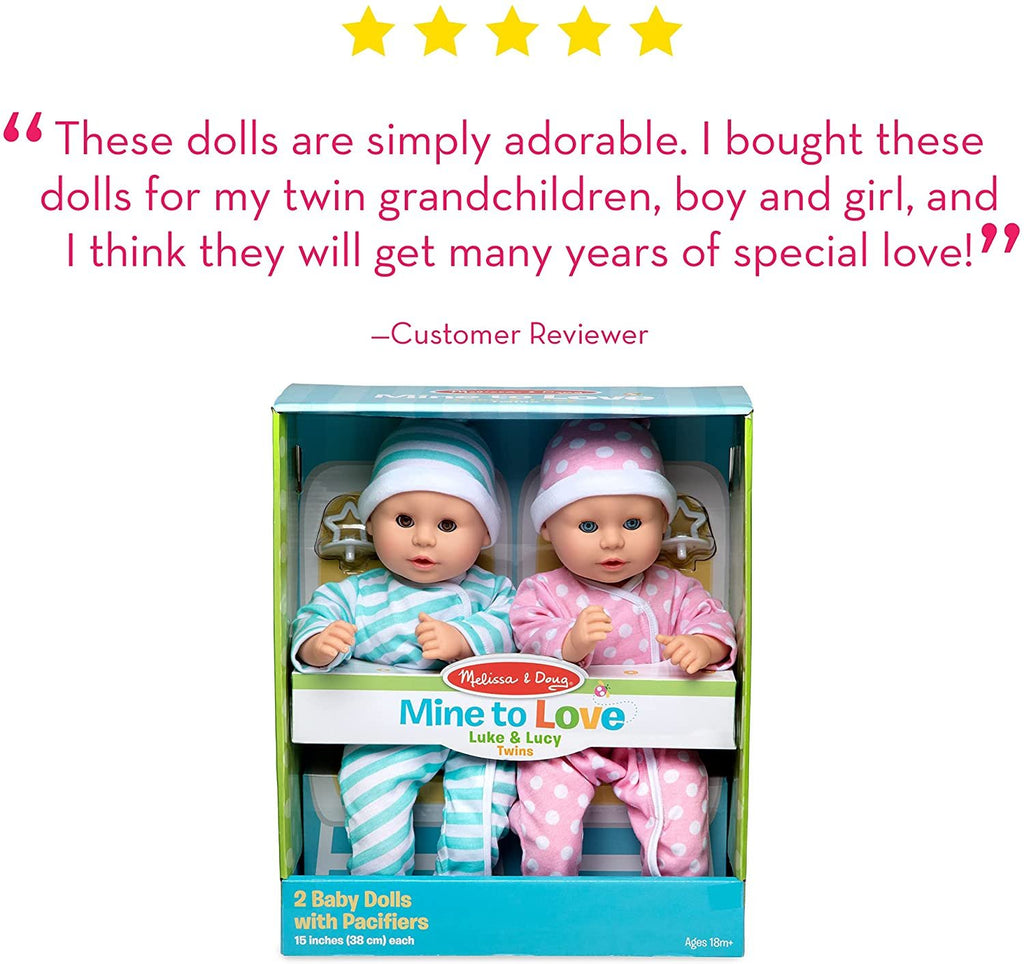 Melissa & Doug Mine to Love Twins Luke & Lucy 15” Light Skin-Tone Boy and Girl Baby Dolls with Rompers, Caps, Pacifiers