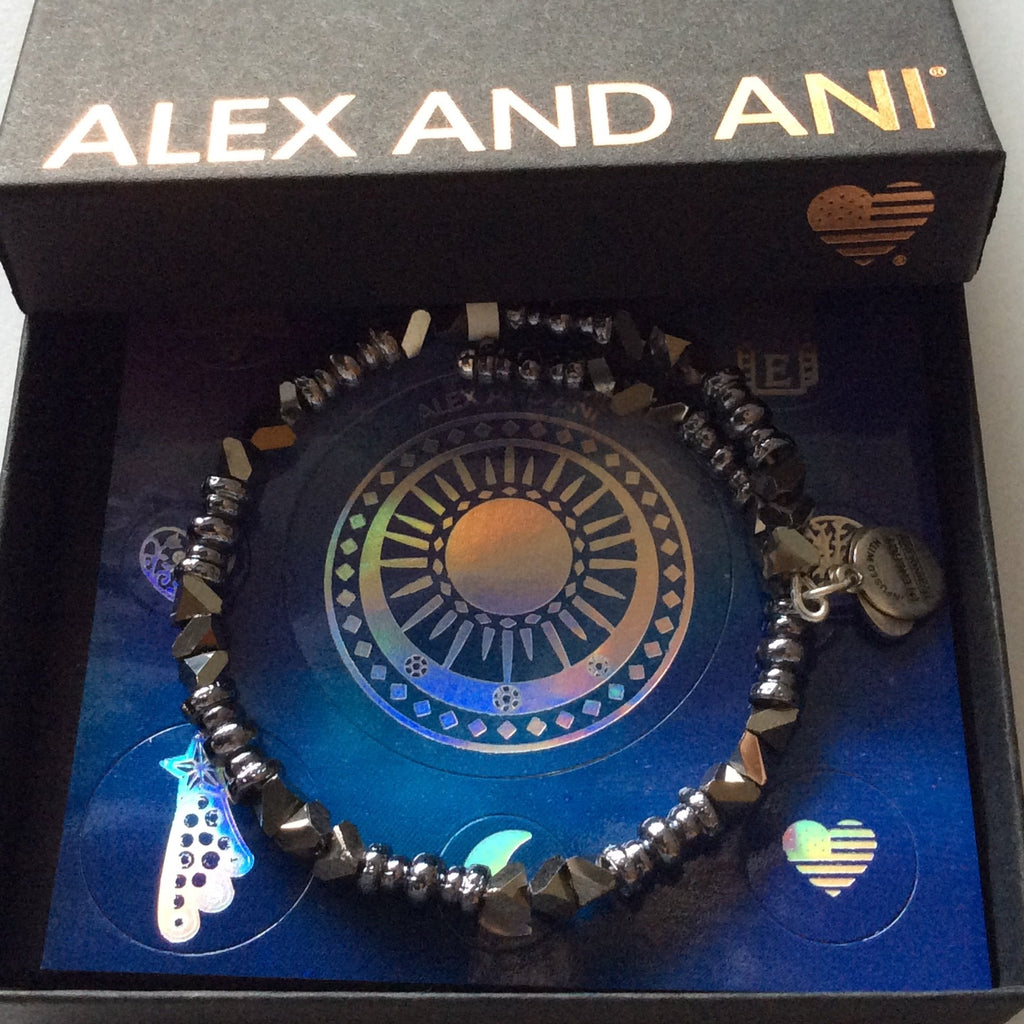 Alex and Ani Glimmer Wrap Bangle Bracelet Metallic Blue Tag Box Card