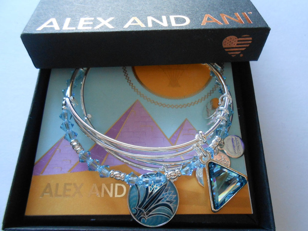 Alex and Ani Womens Blue Lotus Set of 3 Bangle Bracelet, Shiny Silver, Expandable