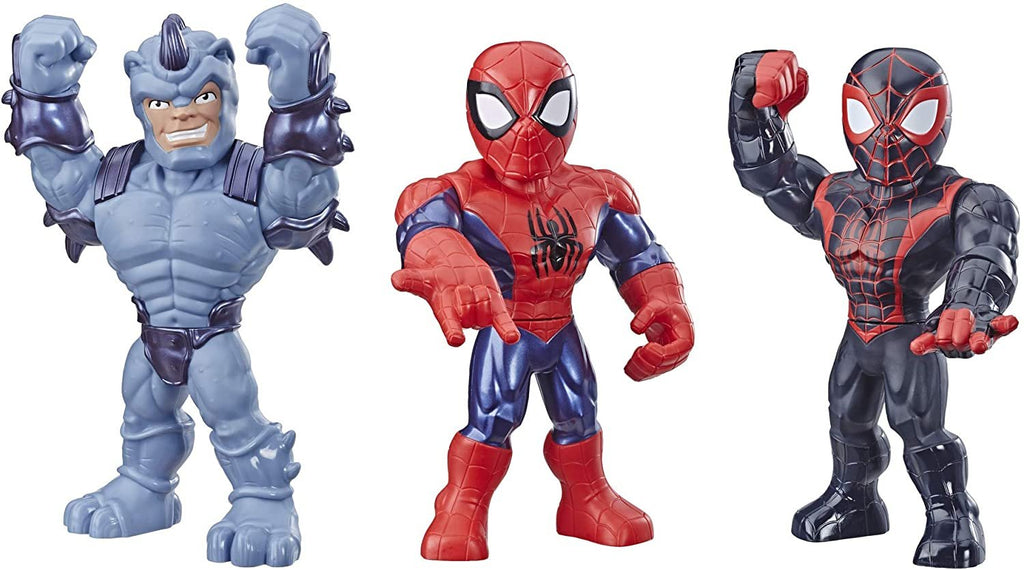 Playskool Heroes Mega Mighties Marvel Super Hero Adventures Web Warriors 3 Pack, Spider-Man, Kid Arachnid, Marvel’s Rhino, 10" Figures, Kids Ages 3 & Up