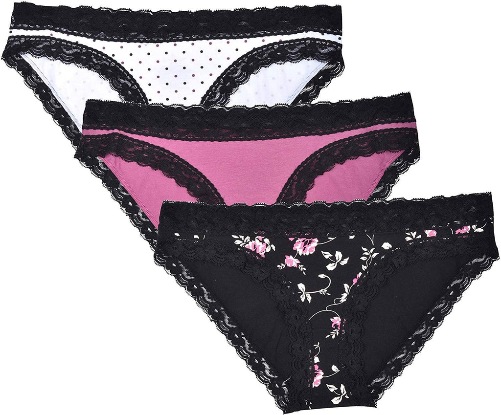 Donna L'oren Women's Bikini Panties Floral Lace Trim 3-Pack Sizes S-XL