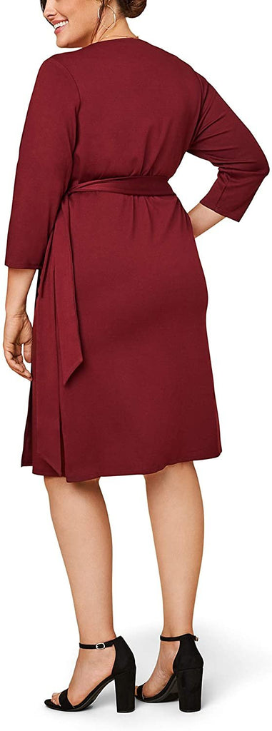 Seek No Further by Fruit of the Loom Women's Plus Size Ponte Â¾ Sleeve V-Neck Wrap Dress