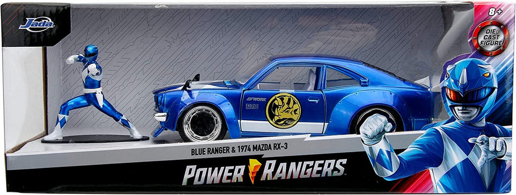 Power Ranges 1:24 1974 Mazda RX-3 Die-Cast Car & 2.75" Blue Ranger Figure, Toys for Kids and Adults
