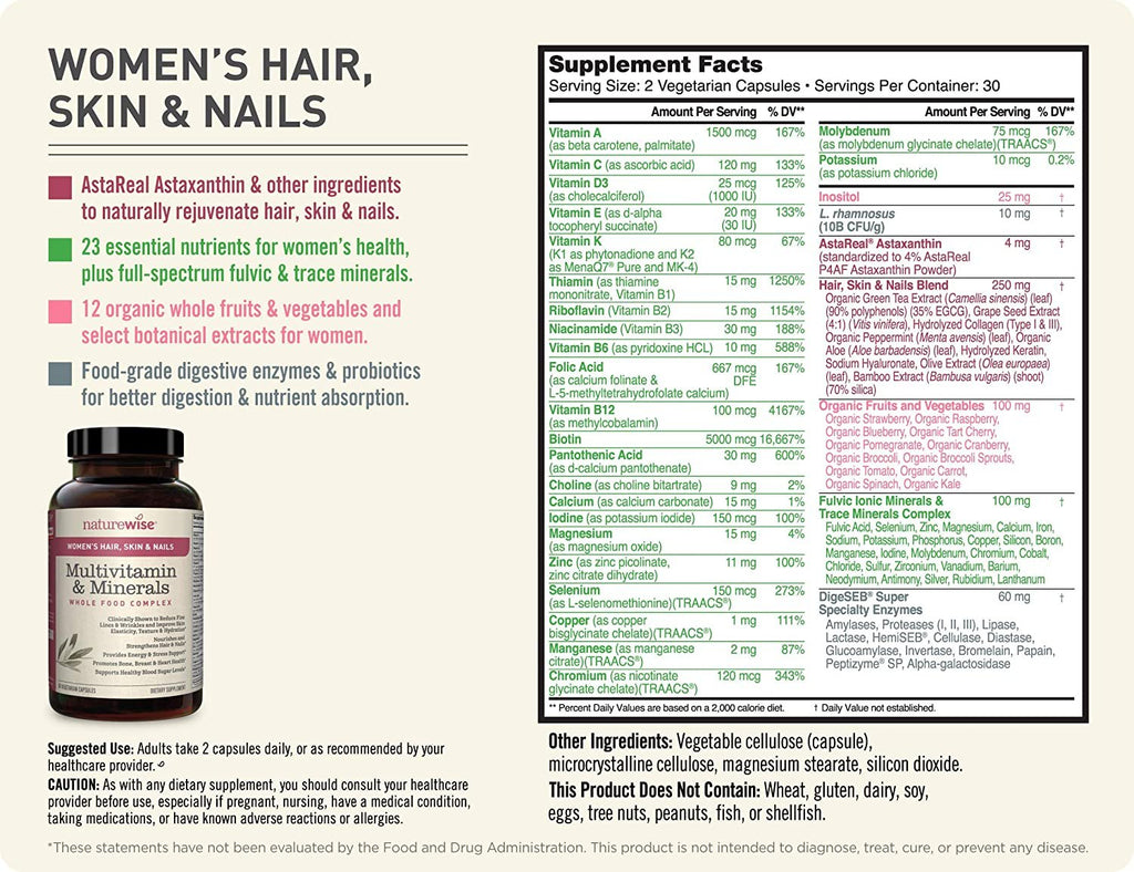 NatureWise Women’s Multivitamin with Hair, Skin, & Nails Support – Total-Body Benefits from Collagen, Biotin, Keratin and AstaReal®️ Astaxanthin for Radiant Health & Beauty (60 Count – 1 Month Supply)