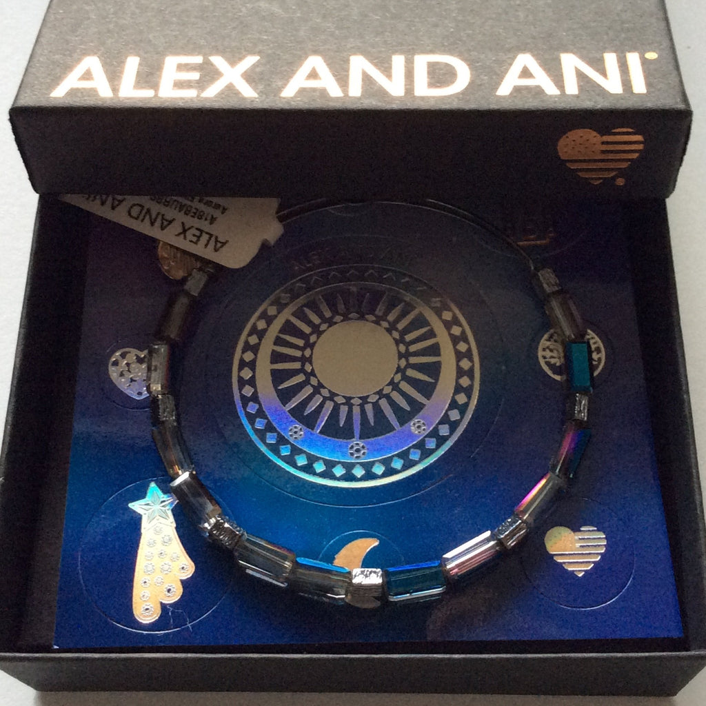 Alex and Ani Aurora Bangle Bracelet Metallic Blue Tag Box Card