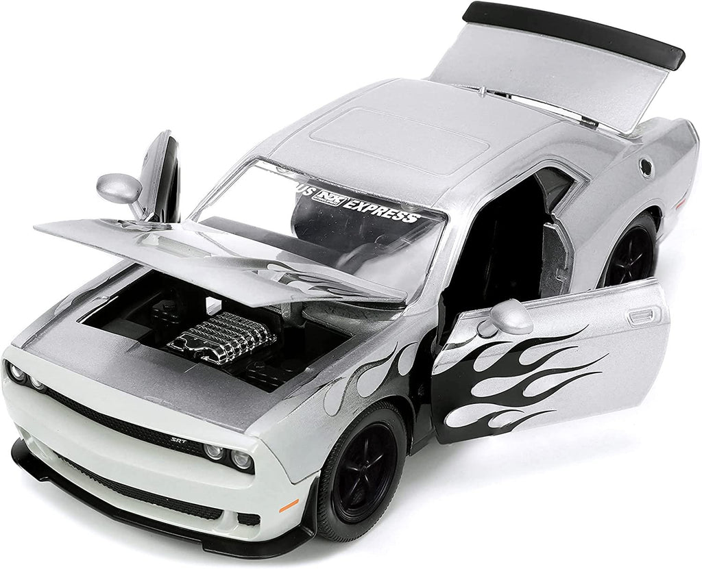 Jada Toys Big Time Muscle 1:24 2015 Dodge Challenger SRT Hellcat Die-cast Car Silver/Black Flames, Toys for Kids and Adults