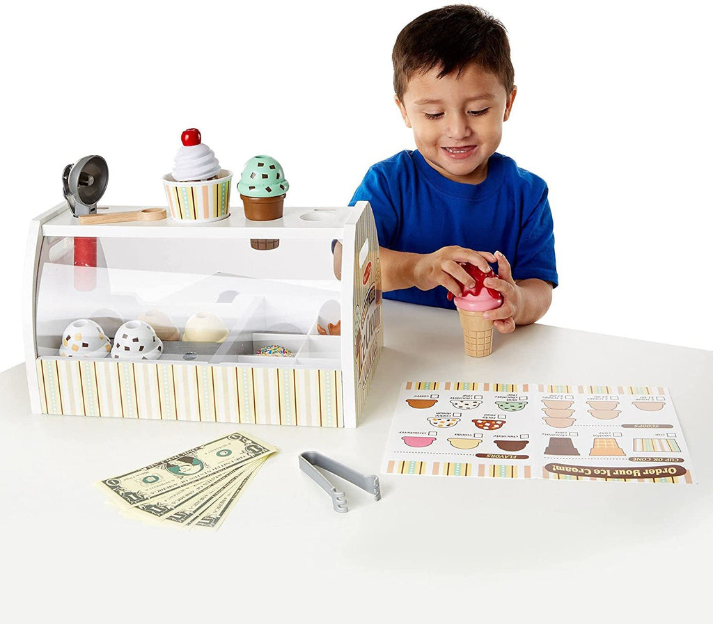 Melissa & Doug Wooden Scoop and Serve Ice Cream Counter (28 pcs) - Play Food and Accessories