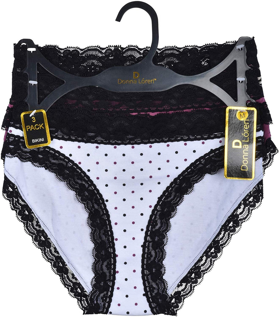 Donna L'oren Women's Bikini Panties Floral Lace Trim 3-Pack Sizes S-XL