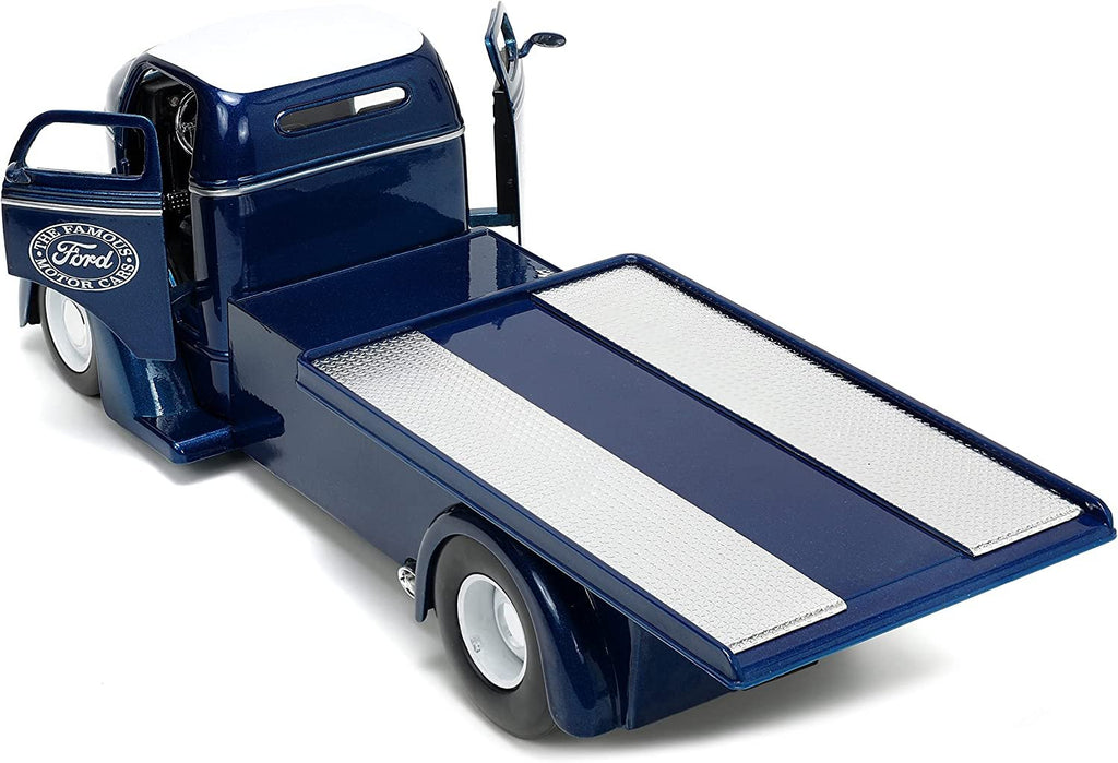 Jada Toys Just Trucks 1:24 1947 Ford COE Flatbed Die-cast Car Dark Blue/White with Tire Rack, Toys for Kids and Adults