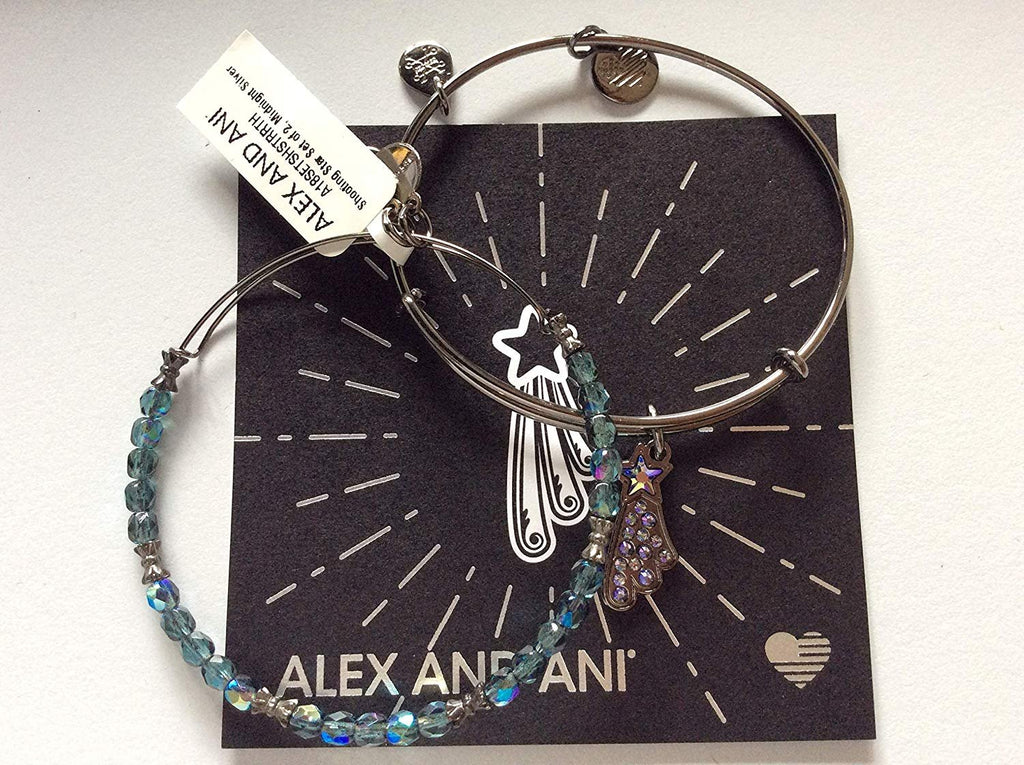 Alex and Ani Shooting Star Set of 2 Bangle Bracelet Midnight Silver Tag Box Card