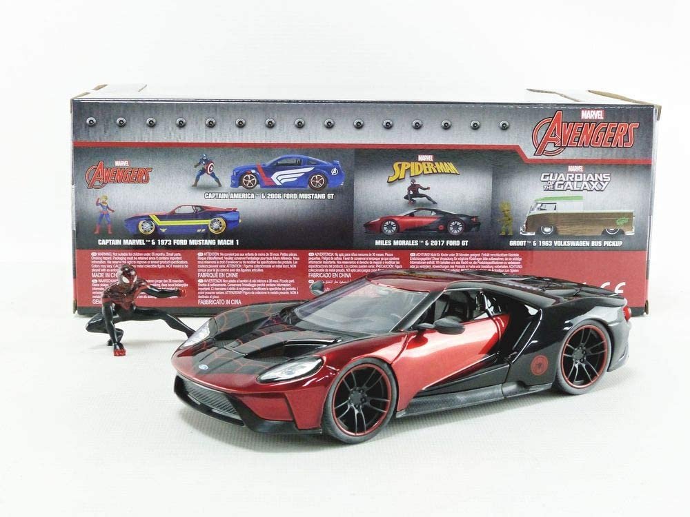 Jada Toys Marvel 1:24 2017 Ford GT Die-cast Car with 2.75" Miles Morales Spider-Man Figure, Toys for Kids and Adults Black and Red