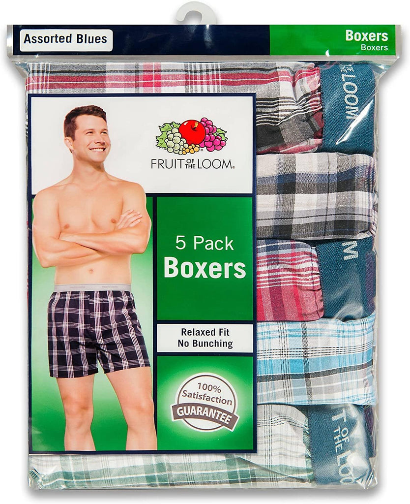 Fruit of the Loom Men`s 5pk Exposed Waistband Blues Woven Boxers, FTL-5PBL550
