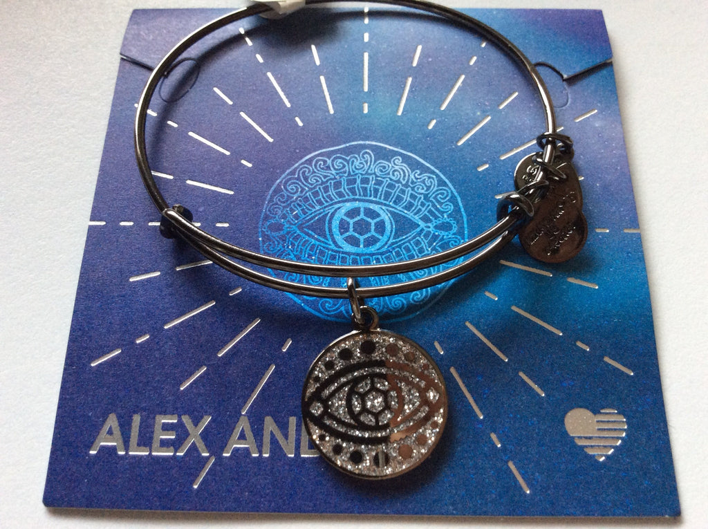 Alex and Ani Evil Eye Bangle Bracelet Midnight Silver Tag Box Card