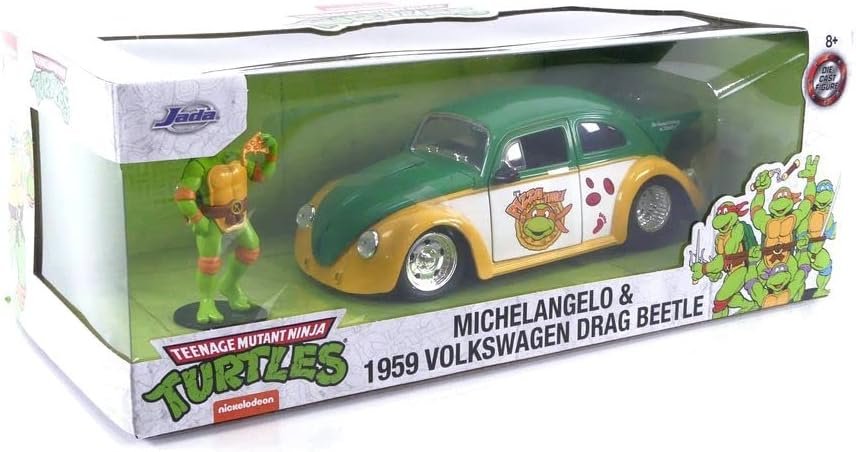 Jada Teenage Mutant Ninja Turtles 1:24 1959 Volkswagen Drag Beetle Die-cast Car & 2.75" Michelangelo Figure, Toys for Kids and Adults (33741)
