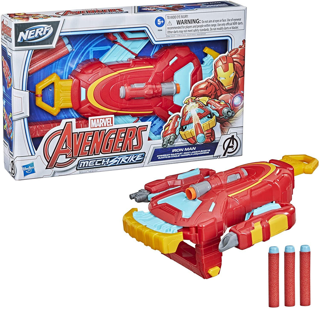 Marvel Avengers Mech Strike Iron Man Strikeshot Gauntlet Role Play Toy with 3 NERF Darts, Pull Handle to Expand, for Kids Ages 5 and Up